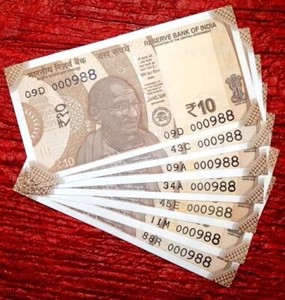 2017-18 - 10 RUPEE INDIA REPUBLIC SAME NUMBER 000988 - 7 UNC NOTES LOT - Picture 1 of 2