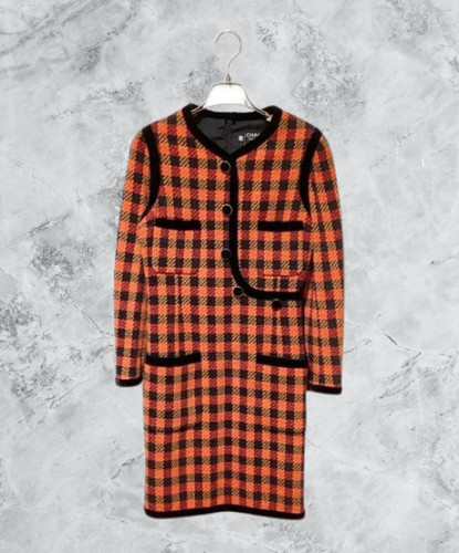 Abito donna CHANEL autentico 4 tasche velluto bottoni tweed manica lunga quadri