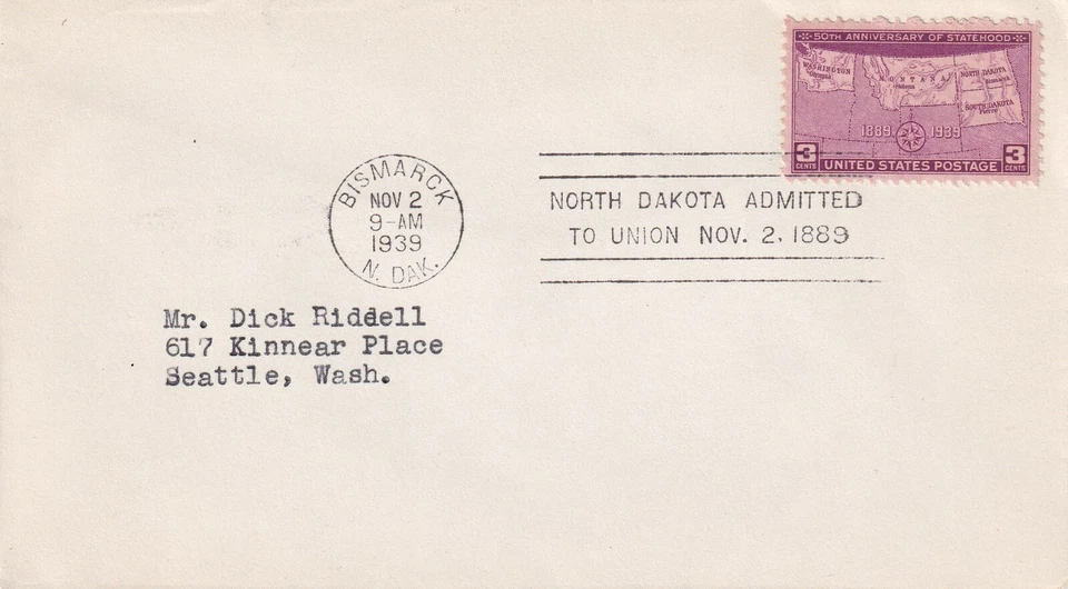 USA 1939 FIRST DAY COVER, BISMARK POST MARK, 50TH ANNIV OF NORTH DAKOTA  - Image 1 of 1
