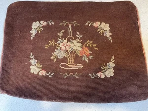 Vtg Needlepoint Panel 14" by 19" Flower Basket on Browb Background - Picture 1 of 6
