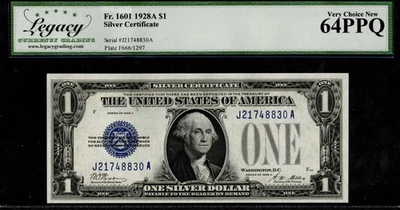 $1 1928-A Silver Cert Fr. 1601 FUNNY BACK J-A Block Blue Seal LCGS Ch New 64PPQ - Image 1 of 2