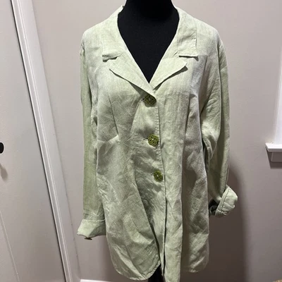 FLAX Linen Blazer Jacket Womens Medium Green Pockets - Image 1 of 4