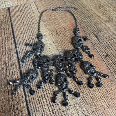 NATASHA Black Skull Drop Necklace Halloween Rhinestone Goth Punk Emo Choker NWOT - Image 1 of 4