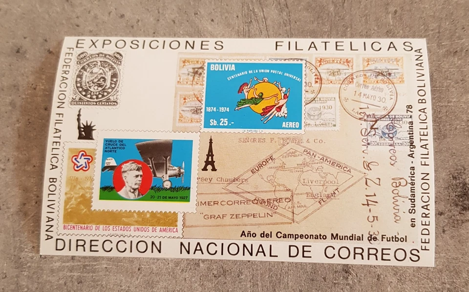 BOLIVIA-1978-CENTENARIO UPU -GRAF ZEPPELIN-HOJA DE MINIATURAS DE FÚTBOL IMPERFORADA MNH Foto 1 de 2