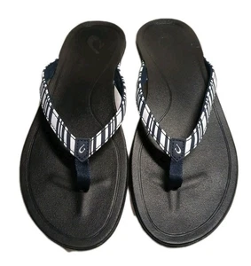 OluKai Ho Opio Sandals Womens Sz 9 Striped Flip Flop White Blue Outdoors EUC - Picture 1 of 12