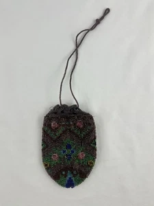Antique Victorian Style Floral Glass Beaded Reticule Drawstring Coin Purse Bag - Picture 1 of 9