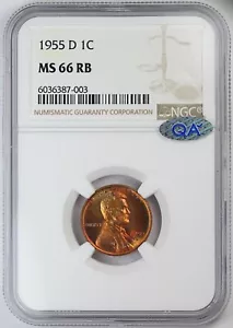 1955-D NGC MS 66 RB U.S / United States Wheat Cent / Stunning Tone - QA Check - Picture 1 of 3