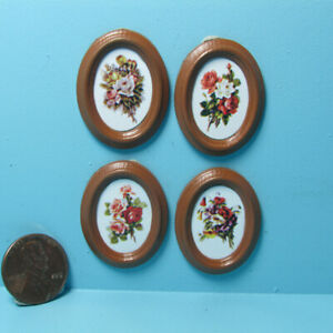 Dollhouse Miniature Rose Floral Wall Picture Set of 4 in Brown Frame MUL5373