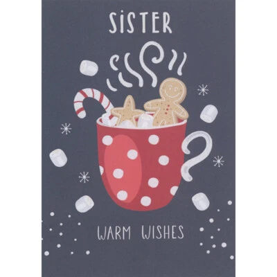 Bastón de caramelo de galleta estrella hombre pan de jengibre en taza roja tarjeta de Navidad para hermana Foto 1 de 2