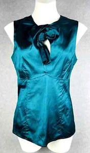 Nanette Lepore Top Womens Medium Teal Satin Bowtie Keyhole Blouse Business Chic - Picture 1 of 17