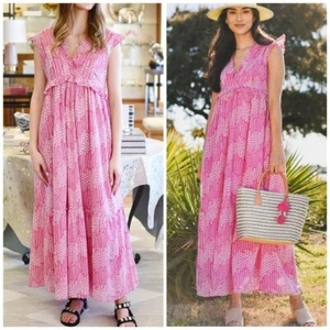 Maxi Vestido Banjanan Constance Algodón Volantes Cuello en V Manga Corta Algodón Rosa XS - Imagen 1 de 8