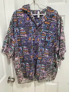 Vintage 1980s Pro Spirit Button Up Shirt Multicolor Purple Black XL With Pocket - Picture 1 of 6