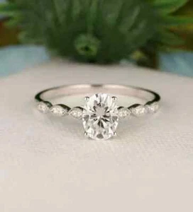 2Ct Oval Cut Simulated Emerald Fancy Charm Engagement Ring 14k White Gold Plated - Picture 1 of 10