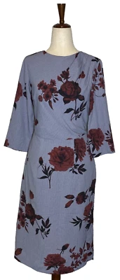 eShakti Floral Print Crepe Sheath Dress Blue Gray Pleated Shoulder Side Slits 4 - Image 1 of 4