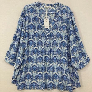 New Rose & Olive size 3X Blue White Floral Paisley Boho 3/4 Sleeve Relax Blouse - Picture 1 of 11