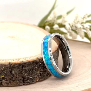 6 mm Silber Wolframcarbid Ring Unisex Grün & Blau Opal Inlay Gebürstet Band - Bild 1 von 4