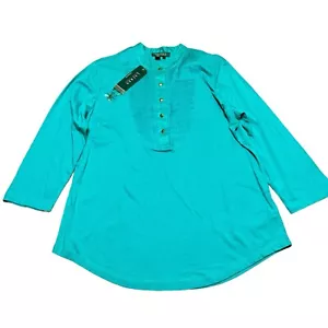 Ralph Lauren Top Womens Large Green Pintuck Blouse 3/4 Sleeve Shirt Stretch - Picture 1 of 11