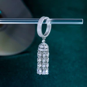 Silver Plated Cubic Zirconia Micro Pave Long Tassel Charms Round Engagement Ring - Picture 1 of 13