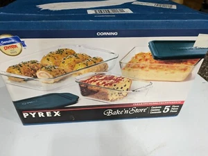 Pyrex Corning Bake N Store 1998 5 Piece Set Bakeware Glass With Lids USA Made - Foto 1 di 6