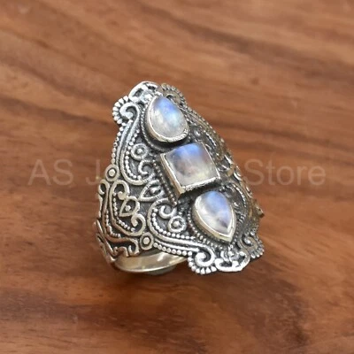 Anillo de plata de ley 925, piedra lunar arco iris, anillo de tres piedras preciosas, delicado anillo Foto 1 de 4