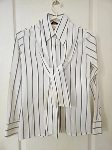 Damen Vintage Bluse Shirt weiß schwarz feine Streifen, Schal Krawatte. Klein - Bild 1 von 15