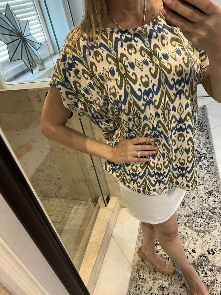 Blusa para mujer Chaps 2X Plus manga corta kimono algodón Ikat azul verde Foto 1 de 4