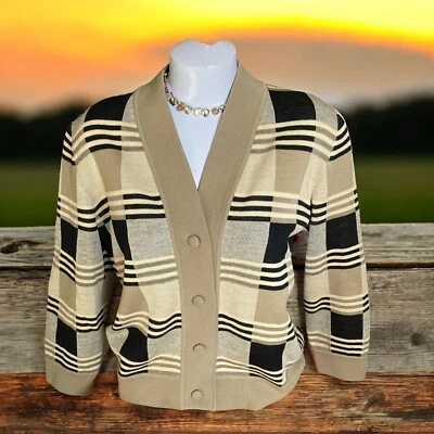 Cárdigan Suéter Vintage Años 60 CADILLAC Lana Italia Negro Tostado Rayas M 8 10 Para Mujer Foto 1 de 4