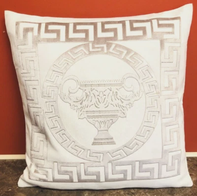 White & Silver Greek  Border Crush Velvet Baroque Cup Circle Pillow Throw Cover - Image 1 of 3