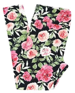 LuLaRoe TC Leggings Floral Art Deco Pink Rose Green Black Size 12-18 NEW 305733 - Picture 1 of 4