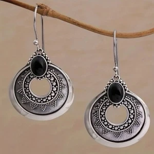 Black Onyx Imitation Carved Round Bohemian Drop Earrings Vintage Style Silver - Picture 1 of 6