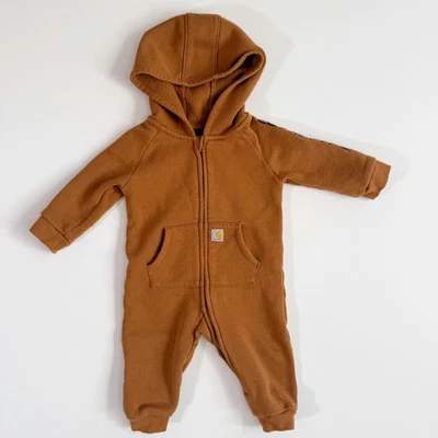 Carhartt Brown Coverall Baby Romper Infant 6M Brown Hooded Fleece Zip Jumpsuit - Image 1 of 4