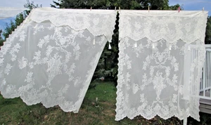 Renaissance Pair Panels Lace Curtain Panel White Floral Tassel Fringe 50"x65" - Picture 1 of 7