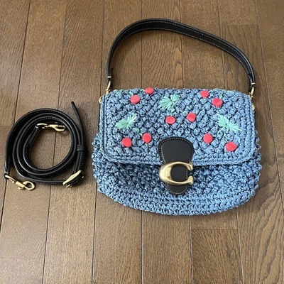 Coach Soft Tabby Shoulder Basket Bag Cherry CA033 Straw Embroidery Blue Women's - Image 1 of 4