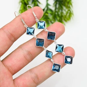 London Blue Topaz Gemstone 925 Sterling Silver Handmade Jewelry Earring Gift For - Picture 1 of 5