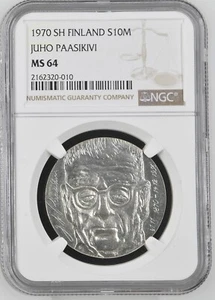 1970 FINLAND 10 Markkaa, Silver - Juho Paasikivi- NGC MS64 - Picture 1 of 2