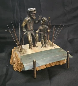 Vtg Mario Jason Signed Bronze Onyx Man & Boy fishing on Dock Brutalist Sculpture - Picture 1 of 6