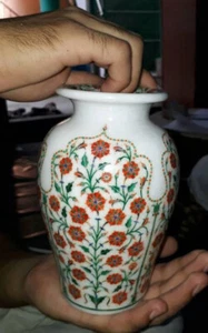Vaso da fiori con pietra carniola intarsio lavoro fioriera per decorazione casa 17,8 cm - Foto 1 di 3