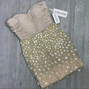 Nwt Eleni Elias beaded stone gold glitter strapless formal prom night out dress - Picture 1 of 11