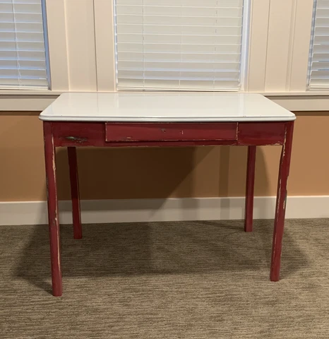 Antique VTG Porcelain-Enamel Farm-KITCHEN TABLE Mutschler Furniture-Red-White Cover