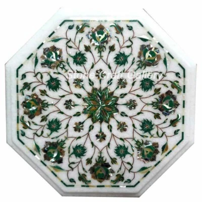 12" Marble Side Table top handicraft floral art inlay semi precious stones work - Image 1 of 4