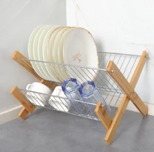 2-Tier Bamboo Steel Dish Rack Plate Cup Drying Drainer Storage Cutlery Holder - Picture 1 of 8