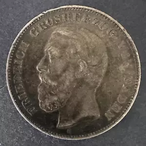 1876 G German States Baden Silver 5 Mark Coin - VF+ - Picture 1 of 2