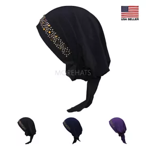 Beaded Stripe Scarf Slip On Pre Tied Turban Hat Chemo Cancer Headwear Women - Picture 1 of 13