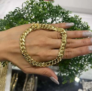 14K SOLID REAL GOLD MIAMI CU-BAN LINK HEAVY WEIGHT BRACELET 9MM - Picture 1 of 4