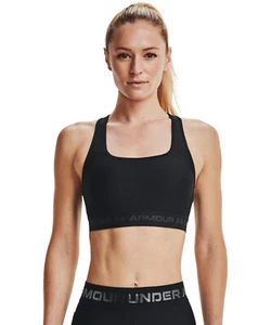 Under Armour Mid Crossback Womens Sports Bra Black Compression Removable Cups - Picture 1 of 7