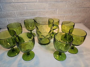 Hazel Atlas Pitcher w/8 Goblets, El Dorado Green Thumb Print, LšK - Picture 1 of 6