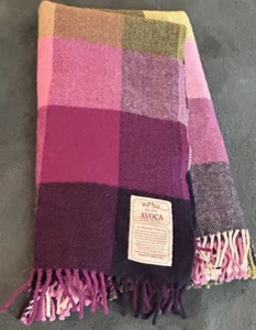 Avoca 100% Lambswool Throw Blanket Made Ireland 60x36 Fringed Plaid Purple Green - Picture 1 of 7