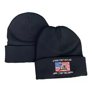 USA Embroidered "Stand For The Flag Kneel For The Cross" Black Cuffed Beanie Hat - Picture 1 of 1