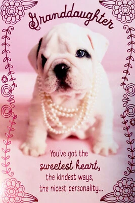 Feliz Cumpleaños Nieta Dulce Corazón Lindo Perro Sello Tarjeta de Felicitación Niña Foto 1 de 4