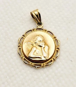 10K Solid Yellow Gold Guardian Angel Cherub Pendant 24mm x 17mm Signed JC - Picture 1 of 6